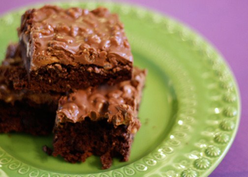 Peanut Butter Crunch Brownies - Rice Krispies, peanuts, chocolate, and so much goodness!