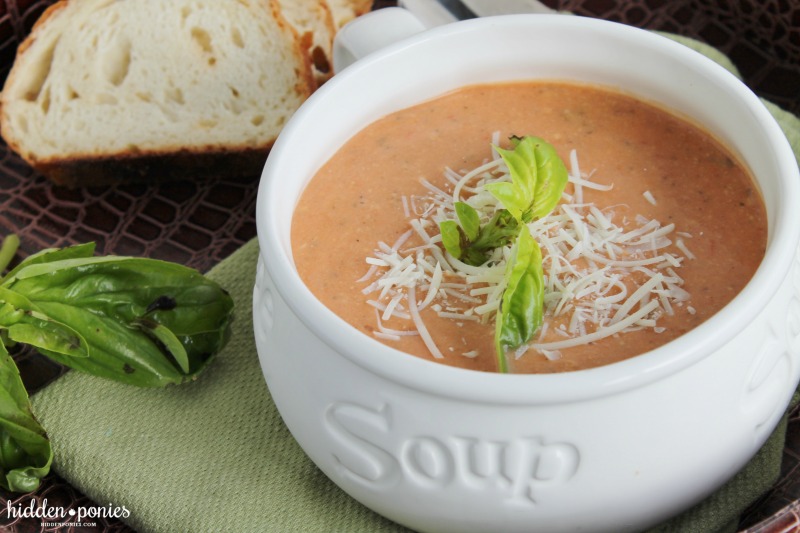 Slow Cooker Tomato Basil Parmesan Soup | hiddenponies.com