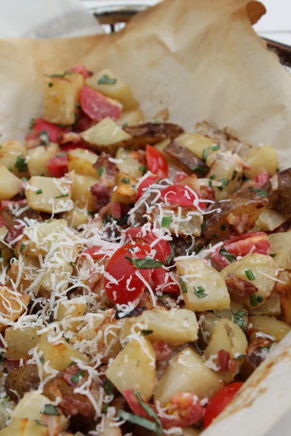 Warm Bacon Potato Salad with NO mayo or sour cream, great from the oven or barbecue!