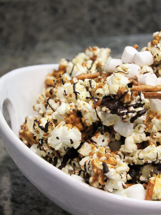chocolate caramel popcorn with marshmallows and pretzels