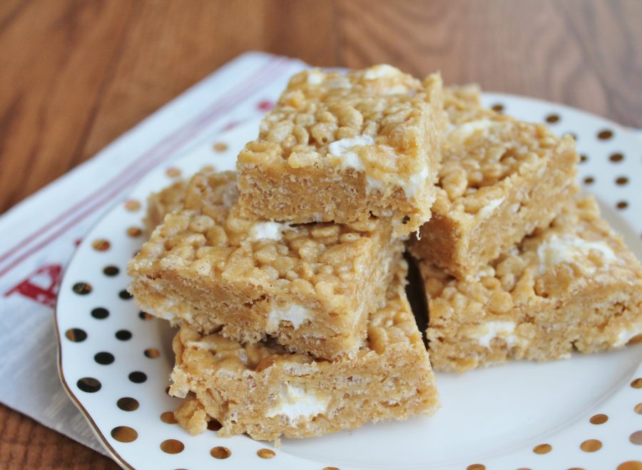 Peanut butter rice krispie squares - no bake, 7 minutes, and always a hit!