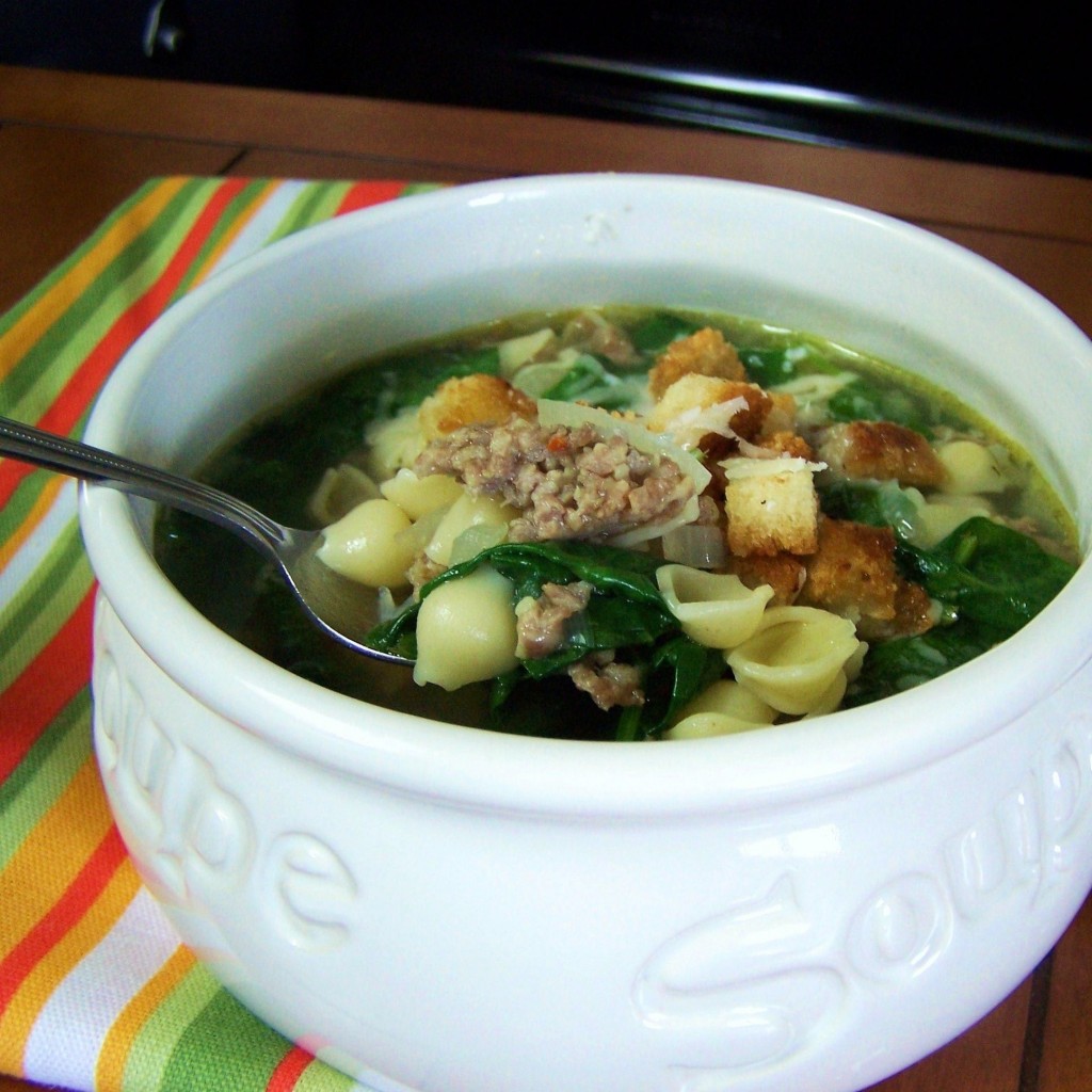 Spinach & Sausage Soup with Homemade Croutons